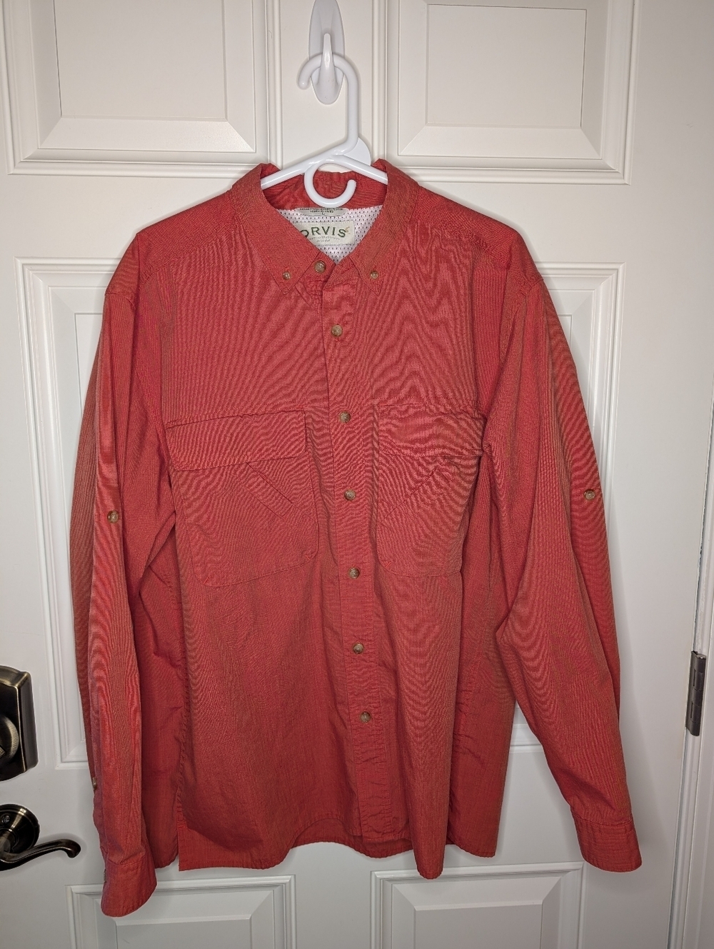Orvis Button Down Double Pocket Fishing Shirt Long Sleeve Men's Large Orange
